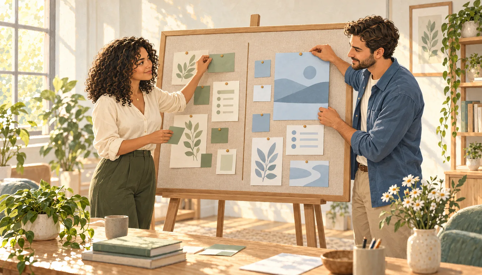 Illustrated collaborators organize separate sage and blue areas on a shared responsibility board.