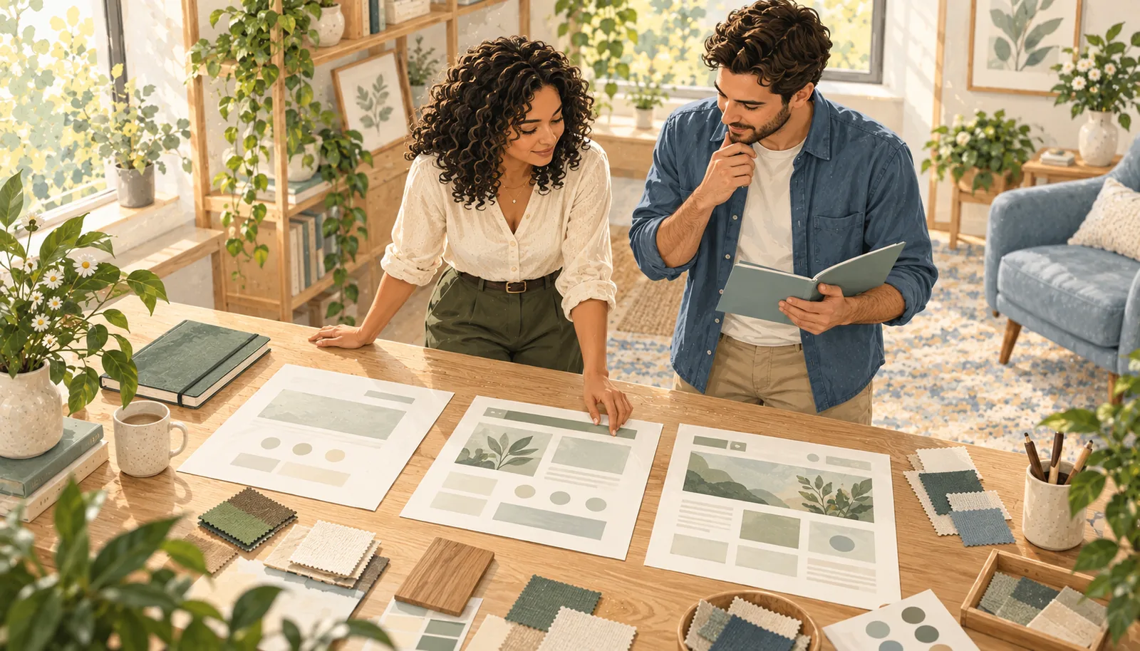 Illustrated collaborators compare three paper website layouts and material samples at an oak worktable.