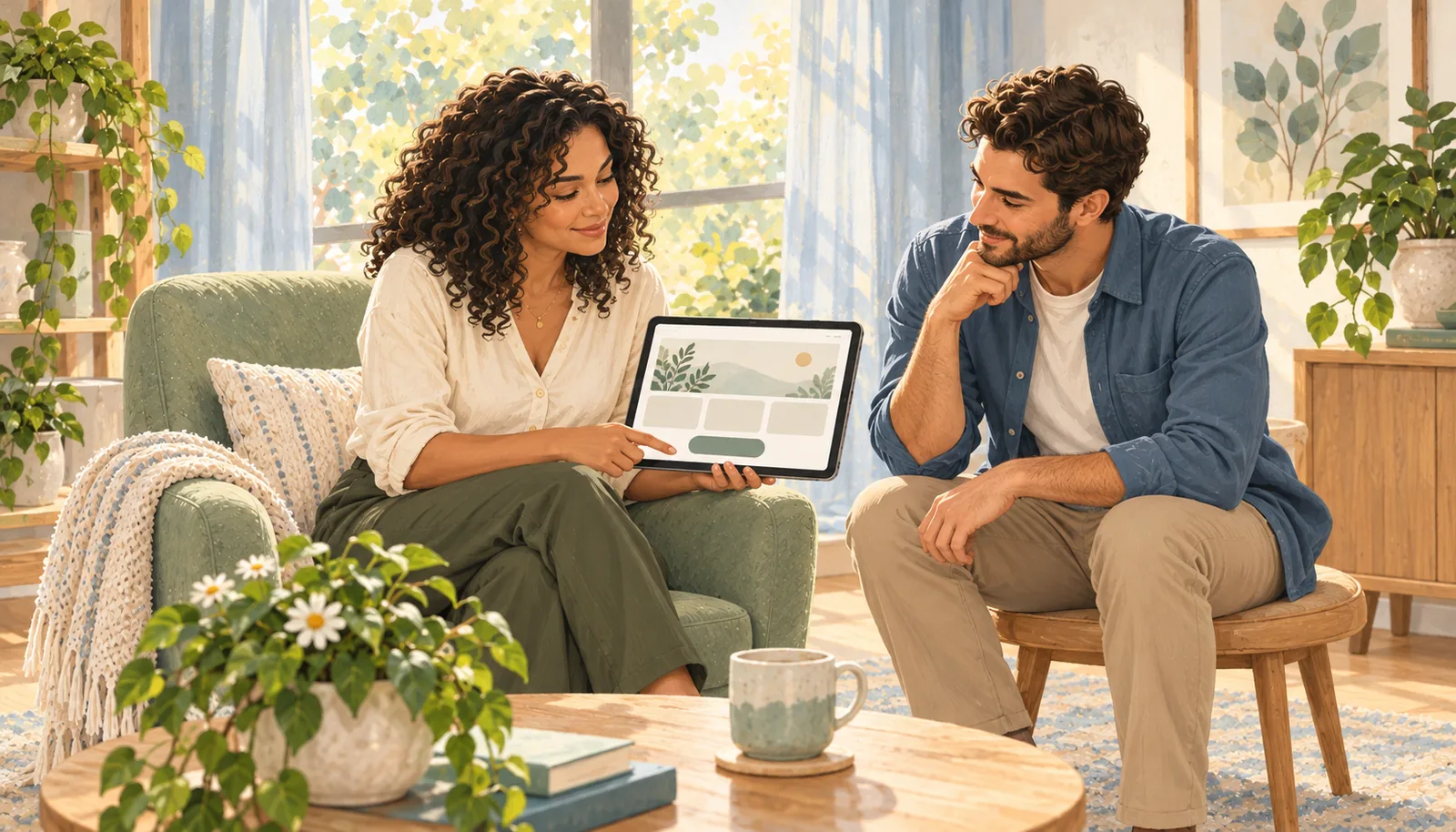 Illustrated collaborators review a simple therapy-practice website layout on a tablet.