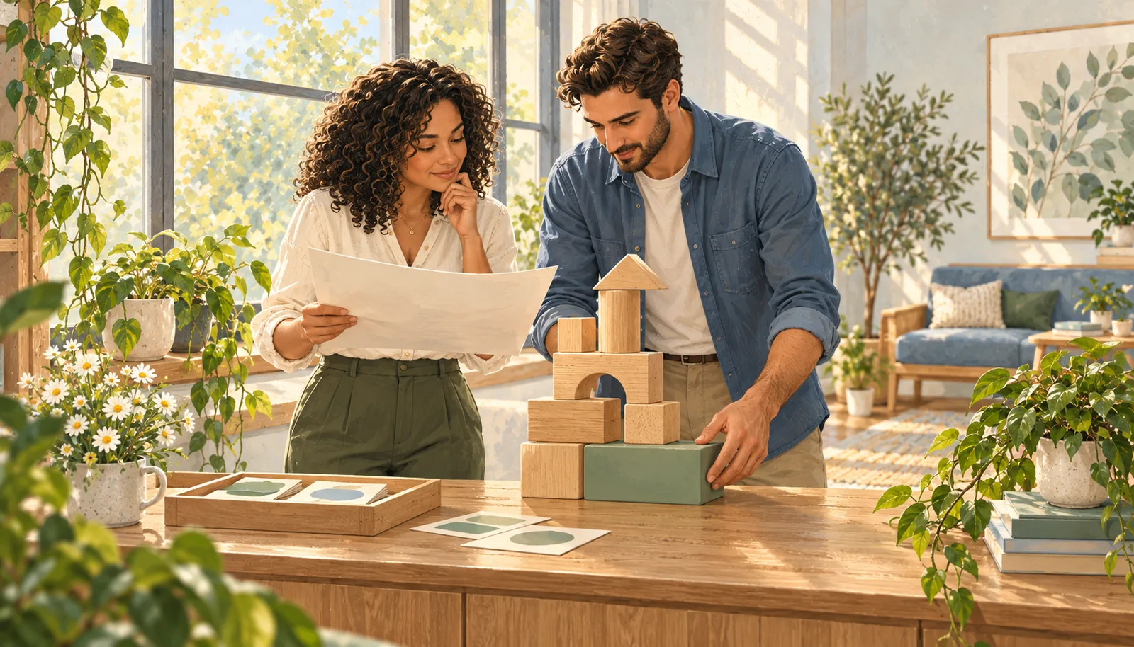 Illustrated colleagues review a plan and add a sage support block beneath a small wooden structure.