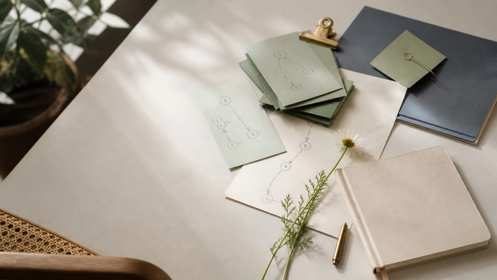 A calm operations desk with sage decision cards, a workflow map, a daisy, and a cream notebook.