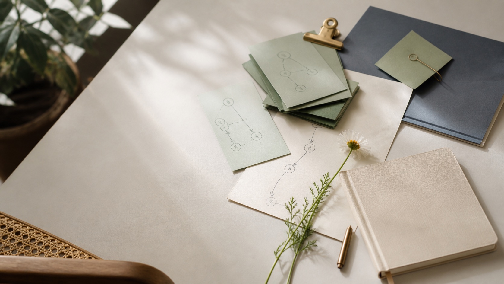 A calm operations desk with sage decision cards, a workflow map, a daisy, and a cream notebook.