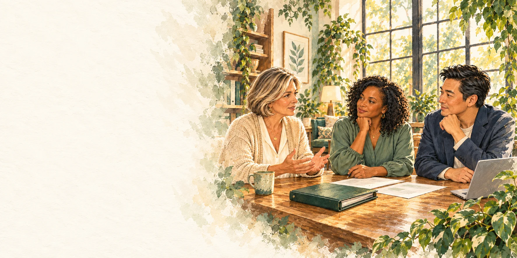 Editorial illustration of three practice leaders discussing a business transition in a sunlit office.