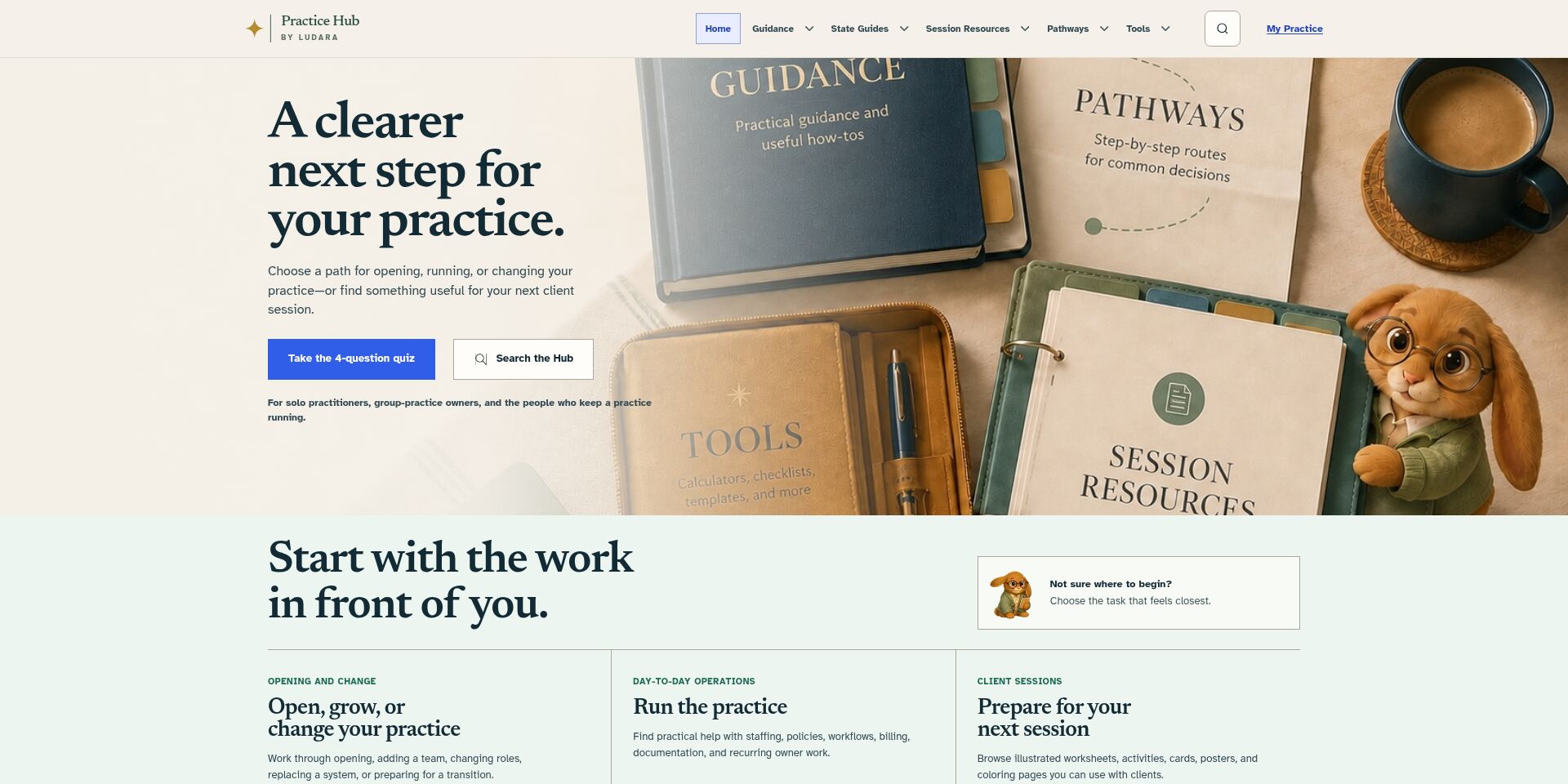 Practice Hub homepage — 'A clearer next step for your practice' with guidance, pathways, tools, and session resources