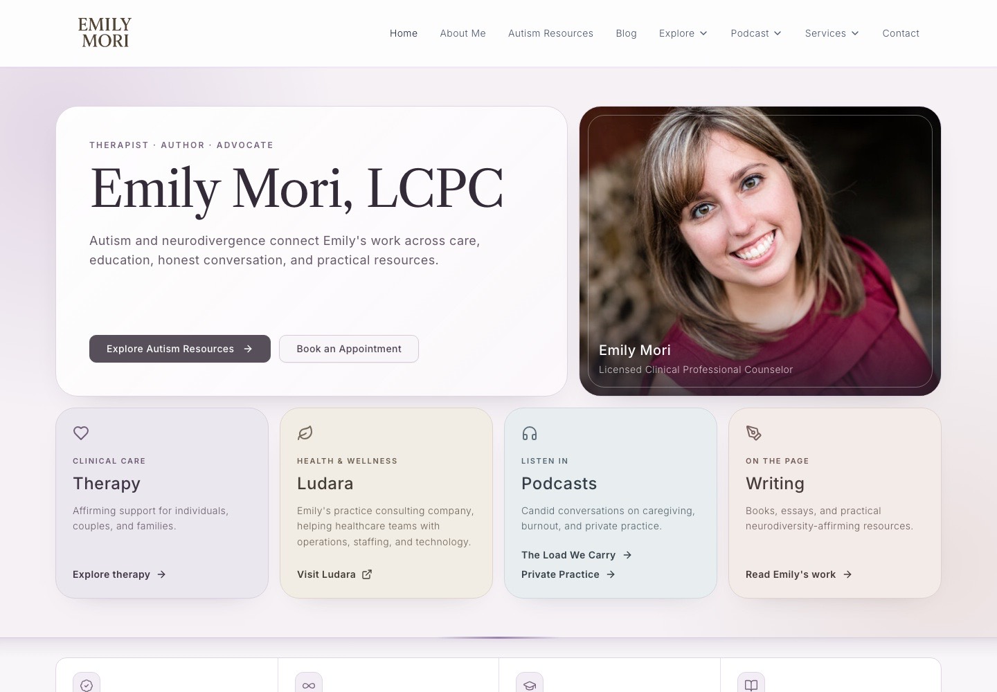 Emily Mori homepage introducing her therapy, writing, media, and Ludara work