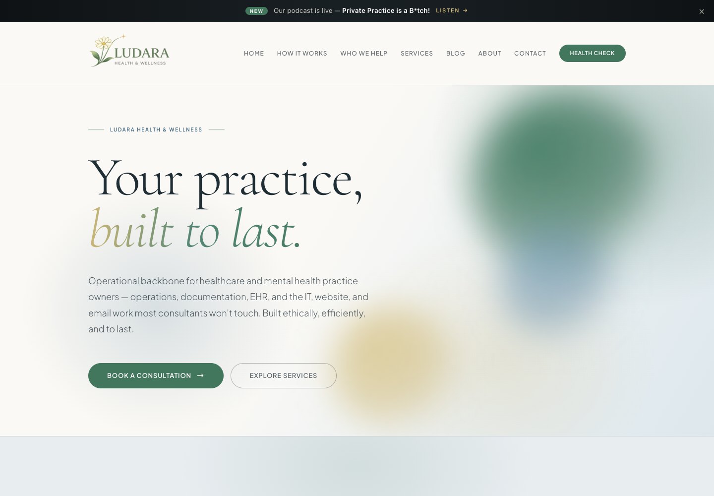 Ludara homepage with the headline Your practice, built to last