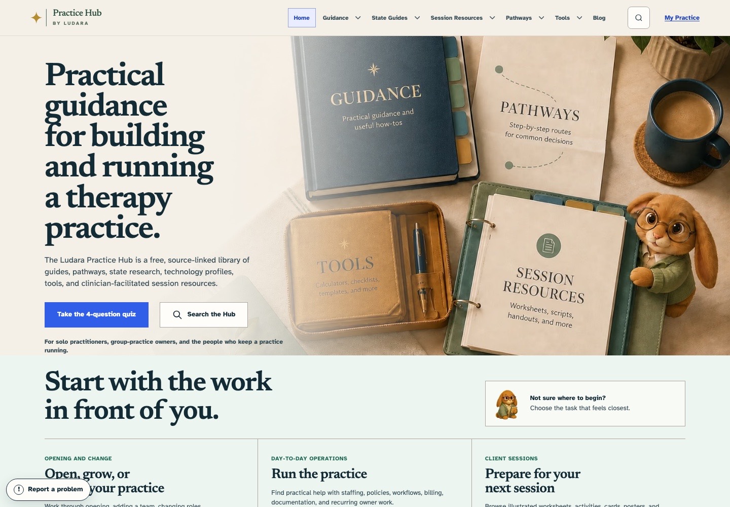 Practice Hub homepage with printed guides and practice resources