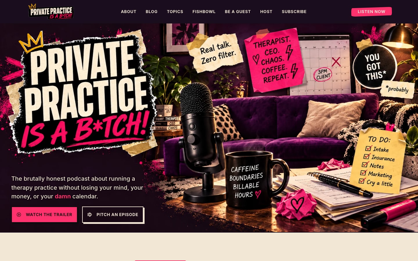 Bold podcast homepage for Private Practice Is A Bitch